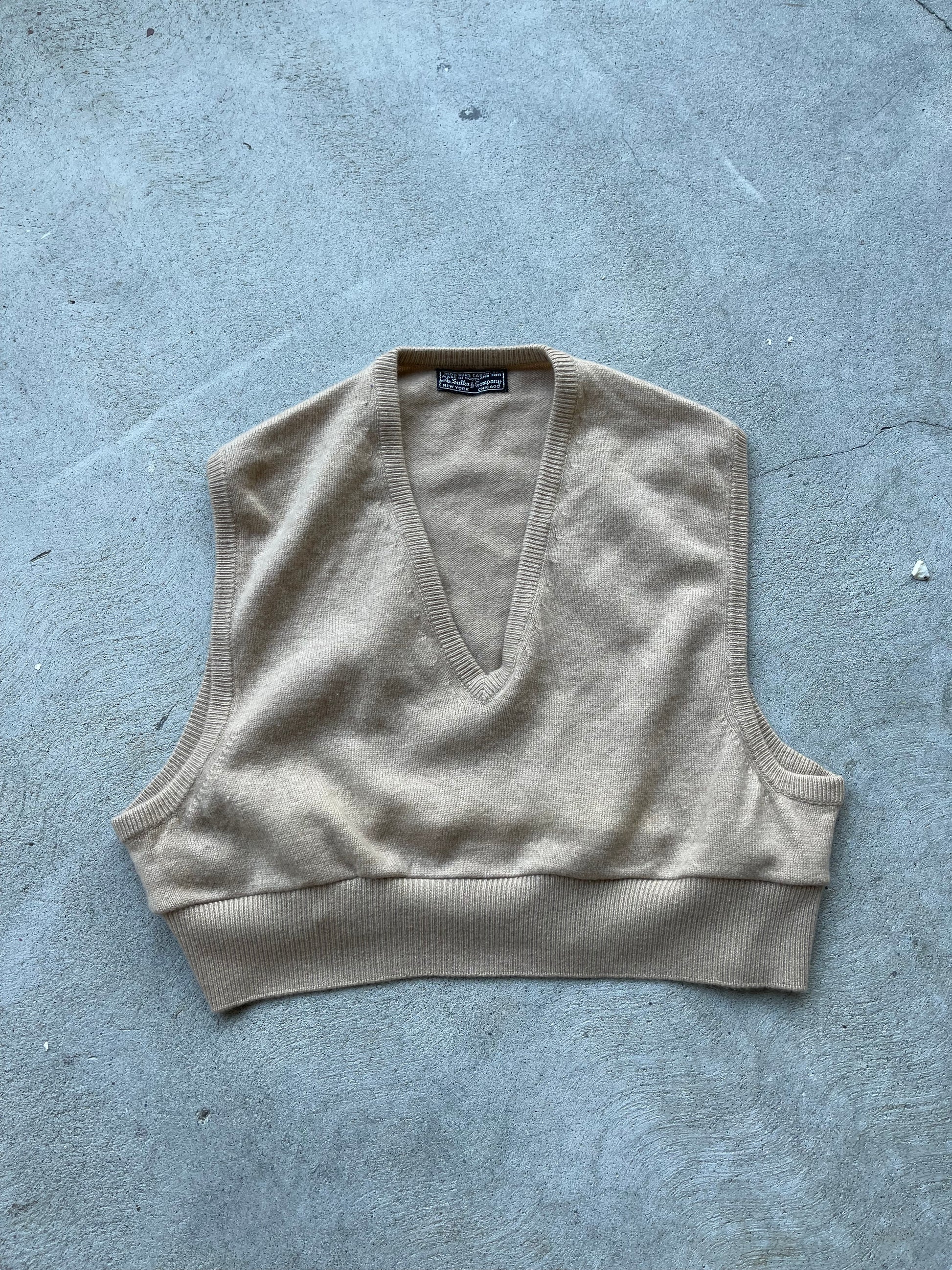 Vintage REWORKED 50s Cashmere Crop Vest in TAN - S/M