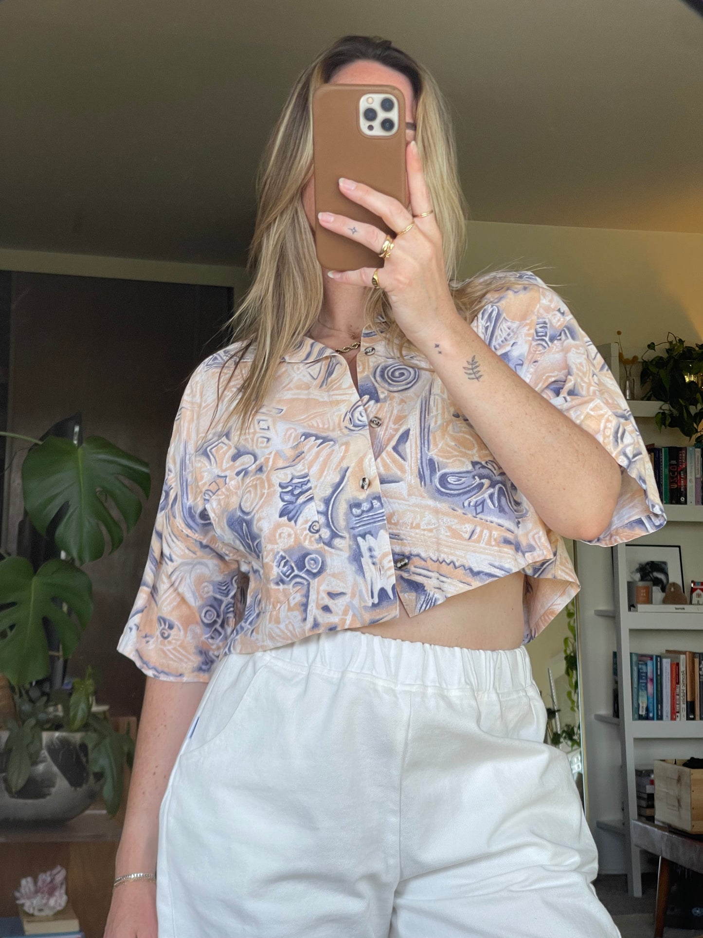 Vintage REWORKED Tropical Crop Shirt PEACH - L
