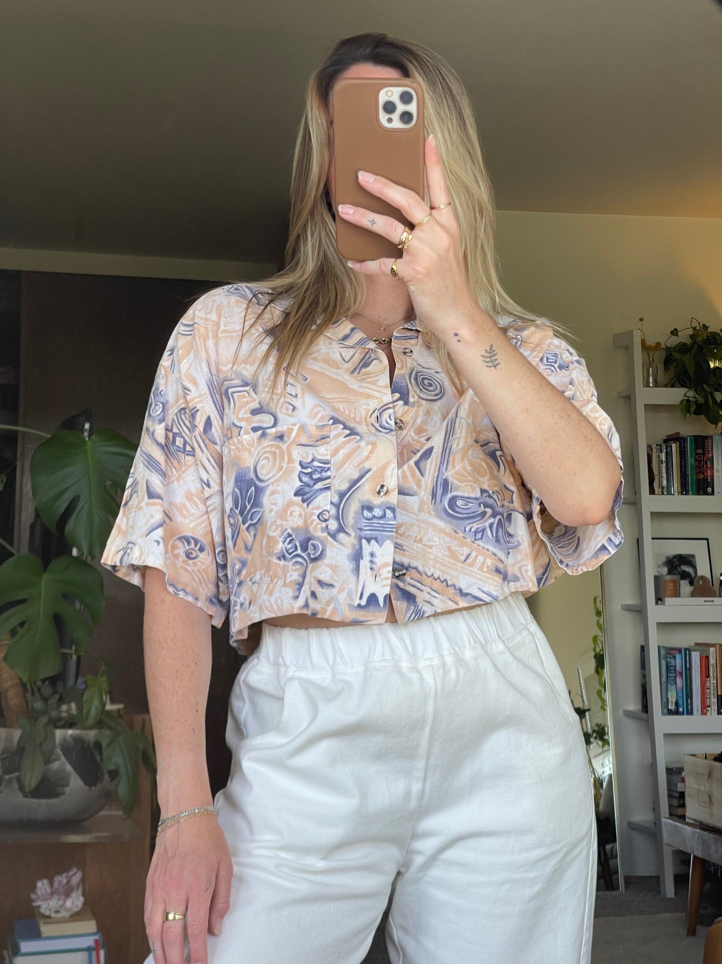 Vintage REWORKED Tropical Crop Shirt PEACH - L