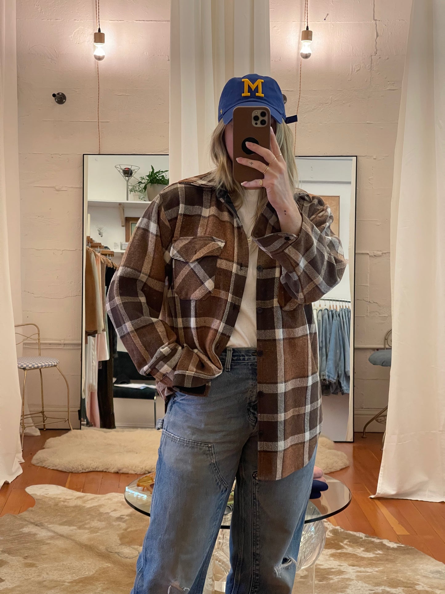 Vintage Brown Plaid Flannel Camp Shirt - L