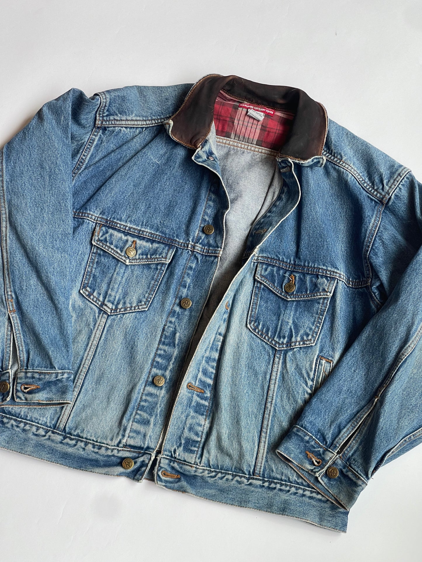 Vintage Marlboro Leather Collar Denim Jacket - L/XL