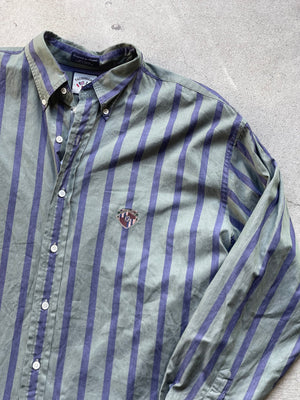 Vintage Logo Button Down ( GREEN & NAVY ) - 2XL