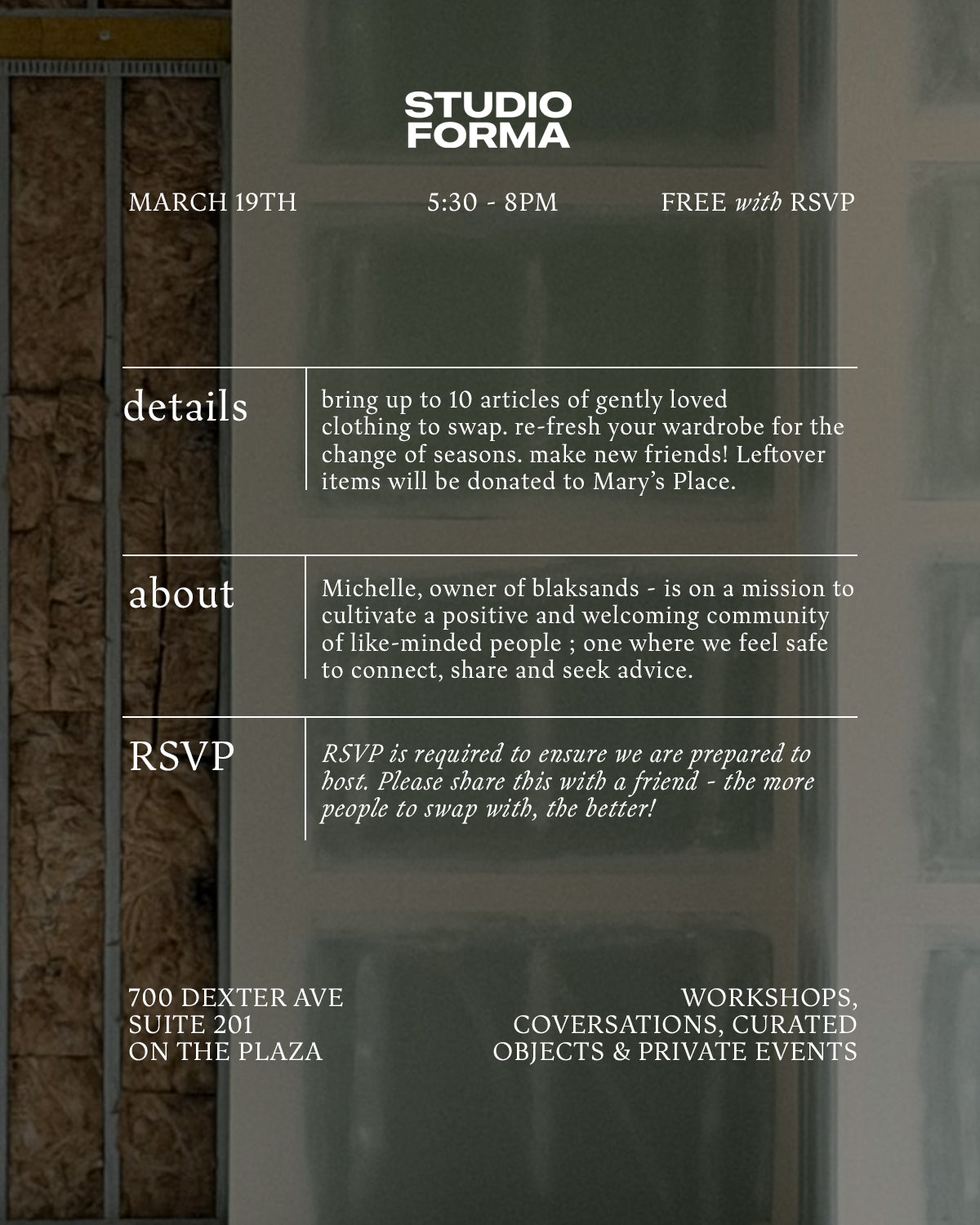 the Spring Clothing Swap at Studio Forma - March 19th