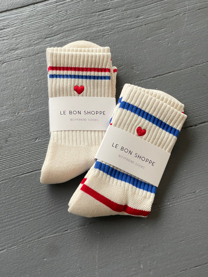 Le Bon Shoppe Embroidered Striped Boyfriend Sock in RED BLUE + HEART - OS