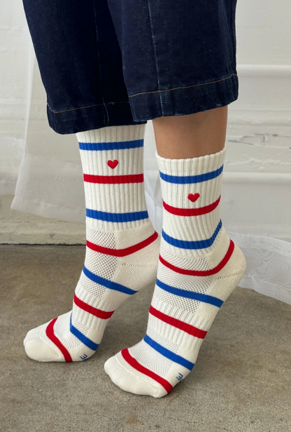 Le Bon Shoppe Embroidered Striped Boyfriend Sock in RED BLUE + HEART - OS